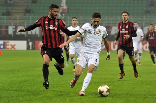 19th October 2017, San Siro, Milan, Italy; Matteo Musacchio of Milan competes for the ball with H& xe9;lder Lopes of Aek Athens during the UEFA Europa League football, AC Milan versus AEK Athens;  ActionPlus11941550