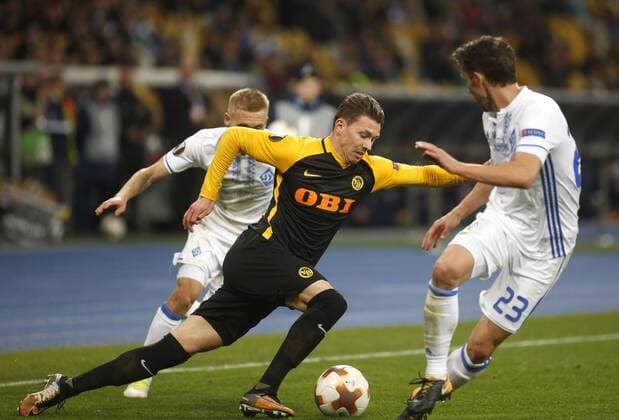 October 19, 2017 - Christian Fassnacht (C) of Young Boys vies for the ball with Vitaliy Buyalskiy (L) and Josip PivariÄ¡ (R) of Dynamo during the UEFA Europa League Group B soccer match between FC Dynamo Kyiv and FC Young Boys at the NSK Olimpiyskyi in Kyiv, Ukraine, October 19, 2017. The UEFA Europa League Group B soccer match between FC Dynamo Kyiv and FC Young Boys at the NSK Olimpiyskyi in Kyiv. - ZUMAs334 80533773st Copyright: xAnatoliixStepanovx