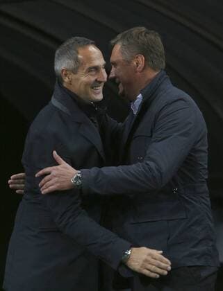 October 19, 2017 - Dynamo head coach Olexandr Khatskevych (R) welcomes Young Boys head coach Adi Huetter (L) during the UEFA Europa League Group B soccer match between FC Dynamo Kyiv and FC Young Boys at the NSK Olimpiyskyi in Kyiv, Ukraine, October 19, 2017. The UEFA Europa League Group B soccer match between FC Dynamo Kyiv and FC Young Boys at the NSK Olimpiyskyi in Kyiv. - ZUMAs334 80533895st Copyright: xAnatoliixStepanovx