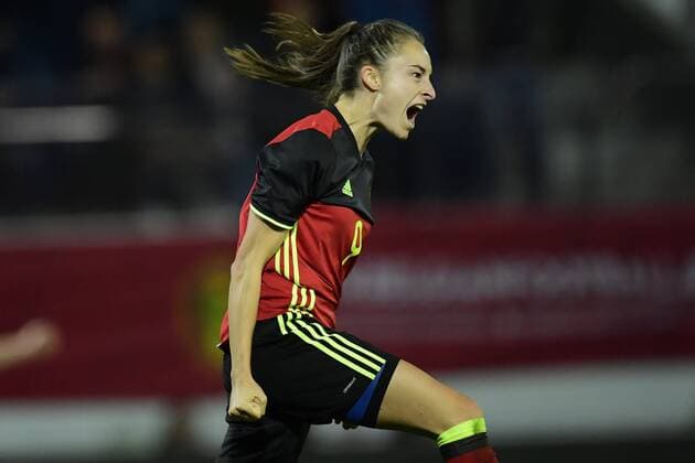 LEUVEN, BELGIUM - OCTOBER 20 : Tessa Wullaert forward of Belgium celebrates scoring a goal during the Women s 2019 World Cup Qualifier Group F match between Belgium and Romania at the Den Dreef Stadium on October 20, 2017 in Leuven, Belgium, 20 10 2017 FOOTBALL : Belgique vs Roumanie - Qualification Coupe du Monde Femine 2019 - 21 10 2017 PhotoNews Panoramic 