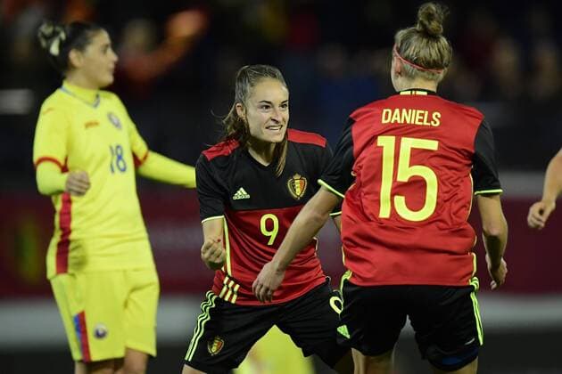 LEUVEN, BELGIUM - OCTOBER 20 : Tessa Wullaert forward of Belgium celebrates scoring a goal during the Women s 2019 World Cup Qualifier Group F match between Belgium and Romania at the Den Dreef Stadium on October 20, 2017 in Leuven, Belgium, 20 10 2017 FOOTBALL : Belgique vs Roumanie - Qualification Coupe du Monde Femine 2019 - 21 10 2017 PhotoNews Panoramic 