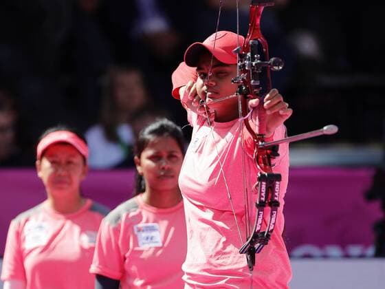 Indias team mambers Jyothi Surekha Vennam, Trisha Deb and Lily Chanu Paonam compete against Colombia for the gold medal during the World Archery Championships 2017 female compound bow outdoor event in Mexico City, Mexico, 21 October 2017. World Archery Championships in Mexico City !ACHTUNG: NUR REDAKTIONELLE NUTZUNG!  Copyright: xJoséxMéndezx CMX008 20171021-636442188963982190