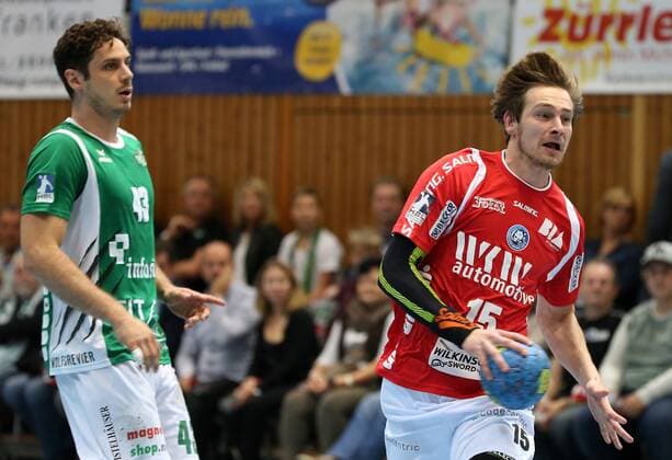 v.li.: Benedikt Brielmeier (DJK Rimpar Wölfe), Milan Kotrc (Bergischer HC), DKB 2. Handball-Bundesliga, DJK Rimpar Wölfe - Bergischer HC,