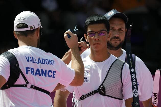 Bogenschießen, WM in Mexiko France s team members Jean-Charles Valladont, Pierre Plihon and Thomas Chirault compete for the gold medal against Italy during the World Archery Championships 2017 men s recurve bow outdoor event in Mexico City, Mexico, 22 October 2017. World Archery Champioships 2017 in Mexico City !ACHTUNG: NUR REDAKTIONELLE NUTZUNG!  Copyright: xJoséxMéndezx CMX016 20171022-636443047397199268