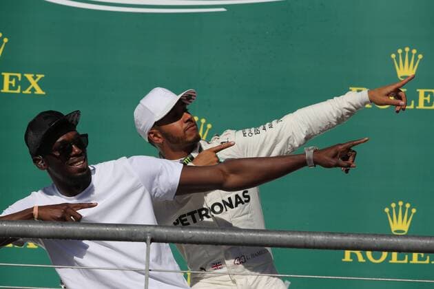 22.10.2017 - Race, Usain Bolt (JAM) and Lewis Hamilton (GBR) Mercedes AMG F1 W08 race winner United States Grand Prix, Austin 19 - 22 October 2017 22.10.2017 - Race, Usain Bolt (JAM) and Lewis Hamilton (GBR) Mercedes AMG F1 W08 race winner 