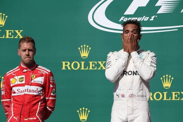 22.10.2017 - Race, 2nd place Sebastian Vettel (GER) Scuderia Ferrari SF70H and Lewis Hamilton (GBR) Mercedes AMG F1 W08 race winner United States Grand Prix, Austin 19 - 22 October 2017 22.10.2017 - Race, 2nd place Sebastian Vettel (GER) Scuderia Ferrari SF70H and Lewis Hamilton (GBR) Mercedes AMG F1 W08 race winner 
