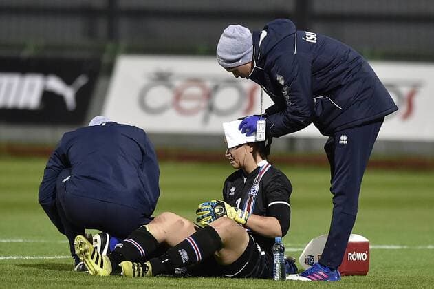 Injured goalkeeper Gudbjorg Gunnarsdottir of Iceland in cured during the women s World Cup qualification soccer match between Germany and Iceland in Znojmo, Czech Republic, on Monday, October 24, 2017. (CTKxPhoto LubosxPavlicek) CTKPhotoP201710241000401  PAV 6