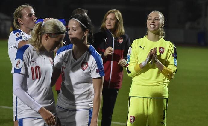 L-R Players Katerina Svitkova and Veronika Pincova and goalkeeper Barbora Votikova of Czech during the women s World Cup qualification soccer match between Germany and Iceland in Znojmo, Czech Republic, on Monday, October 24, 2017. (CTKxPhoto LubosxPavlicek) CTKPhotoP201710241074801  PAV 14 K