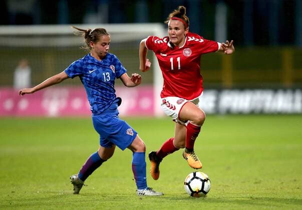 CRO vs DEN womens football - Zapresic, Croatia 24.10.2017., Zapresic, Croatia - Women s world cup qualification s UEFA match with Denmark, Group 4 at stadium in Zapresic. Denmark won 4:0. Mateja Andrlic, Katrine Veje.  IgorxKralj PIXSELL