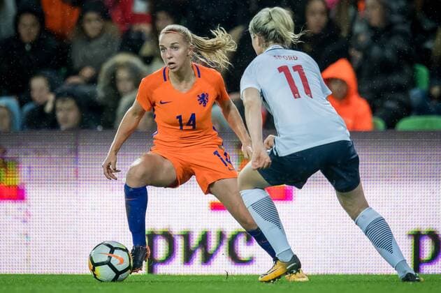 (L-R) Jackie Groenen of The Netherlands, Ingrid Marie Spord of Norway during the FIFA Women s World Cup 2019 qualifying match between The Netherlands and Norway at the Noordlease Stadium on October 24, 2017 in Groningen, The Netherlands FIFA Women s World Cup 2019 qualifying group 3 2017 2018 xVIxVIxImagesx xRonaldxBonestrooxIVx 9114407