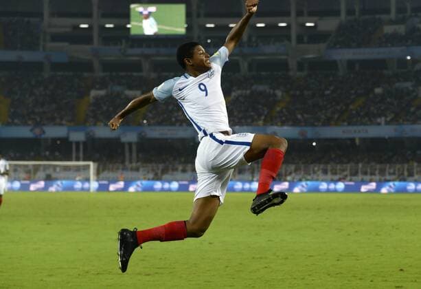 India: England and Brazil Semi Final match England Rhain Brewster (jersey 9) celebrates his goal during the FIFA U 17 World Cup India 2017 Semi Final match in Kolkata. Players of England and Brazil in action during the FIFA U 17 World Cup India 2017 Semi Final match on October 25, 2017 in Kolkata. Kolkata West Bengal India Kolkata  SaikatxPaulx xPacificxPress