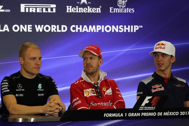 26.10.2017 - press conference PK Pressekonferenz Valtteri Bottas (FIN) Mercedes AMG F1 W08, Sebastian Vettel (GER) Scuderia Ferrari SF70H and Pierre Gasly (FRA) Scuderia Toro Rosso STR12 Mexican Grand Prix, Mexico City 26 - 29 October 2017 26.10.2017 - Press conference, Valtteri Bottas (FIN) Mercedes AMG F1 W08, Sebastian Vettel (GER) Scuderia Ferrari SF70H and Pierre Gasly (FRA) Scuderia Toro Rosso STR12 