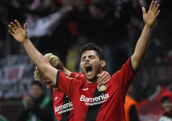 BayArena Leverkusen 28.10.2017, 1. Fussball Bundesliga Saison 2017 18 10. Spieltag, Bayer 04 Leverkusen vs. 1.FC Köln (Koeln,Cologne) --- Kevin Volland (LEV) jubelt *** BayArena Leverkusen 28 10 2017 1 Bundesliga Season 2017 18 10 Round Bayer 04 Leverkusen vs 1 FC Cologne Koeln Cologne Kevin Volland LEV cheers
