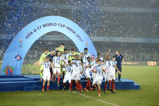 India: England players celebrate their win England players celebrate their wining of the FIFA U 17 World Cup India 2017 in Kolkata. England wins FIFA U 17 World Cup India 2017 on October 28, 2017 in Kolkata. Kolkata West Bengal India Kolkata  SaikatxPaulx xPacificxPress