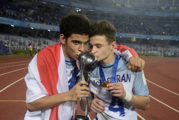 India: England players celebrate their win England Morgan Gibbs White (left) and George Mceachran (right) celebrate their wining of the FIFA U 17 World Cup India 2017 in Kolkata. England wins FIFA U 17 World Cup India 2017 on October 28, 2017 in Kolkata. Kolkata West Bengal India Kolkata  SaikatxPaulx xPacificxPress