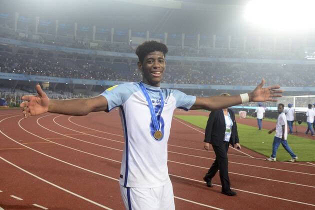 India: England players celebrate their win England Jonathan Panzo celebrates their wining of the FIFA U 17 World Cup India 2017 in Kolkata. England wins FIFA U 17 World Cup India 2017 on October 28, 2017 in Kolkata. Kolkata West Bengal India Kolkata  SaikatxPaulx xPacificxPress