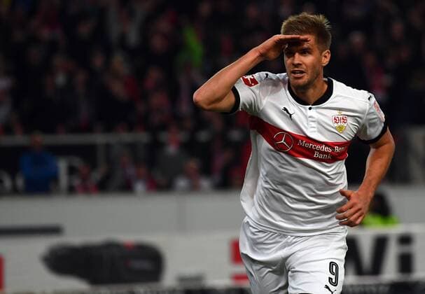 29.10.2017, xjhx, Fussball 1.Bundesliga, VfB Stuttgart - SC Freiburg, emspor, v.l. Simon Terodde (VfB Stuttgart) celebrate the goal, Torjubel zum 3:0 Stuttgart