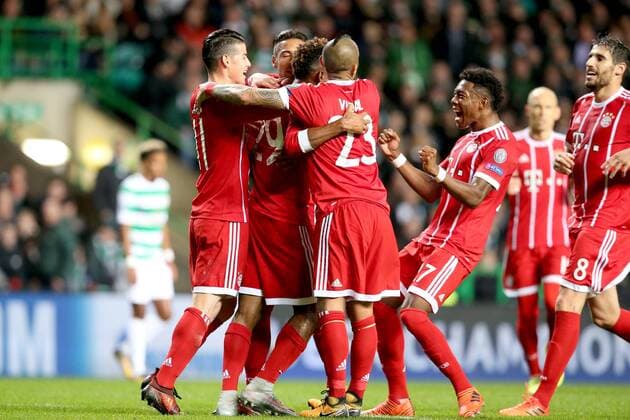 James Rodriguez (FC Bayern Muenchen 11) Kingsley Coman (FC Bayern Muenchen 29) Arturo Vidal (FC Bayern Muenchen 23) David Alaba (FC Bayern Muenchen 27) Jubel nach dem 0:1, Celtic Glasgow vs FC Bayern Muenchen, Champions League, Fussball, 31.10.2017, Glasgow Copyright: xLanger Eibner-Pressefotox EP_HLR