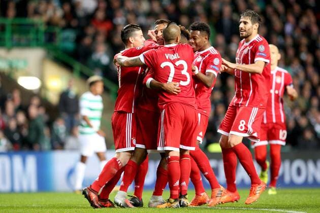 James Rodriguez (FC Bayern Muenchen 11) Kingsley Coman (FC Bayern Muenchen 29) Arturo Vidal (FC Bayern Muenchen 23) David Alaba (FC Bayern Muenchen 27) Javier Martinez (FC Bayern Muenchen 8)Jubel nach dem 0:1, Celtic Glasgow vs FC Bayern Muenchen, Champions League, Fussball, 31.10.2017, Glasgow Copyright: xLanger Eibner-Pressefotox EP_HLR