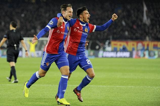 31st October 2017, St Jakob-Park, Basel, Switzerland; UEFA Champions League, FC Basel versus CSKA Moscow; Raoul Petretta of FC Basel celebrates with Luca Zuffi after his goal which made it 1-0 in the 35th minute  ActionPlus11946629