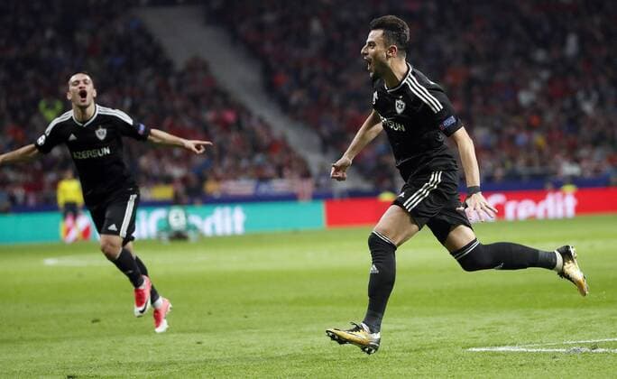 Qarabag s midfielder Miguel Marcos Michel (L) jubilates the first goal of the team during the UEFA Champions League groups phase match between Atletico de Madrid and Qarabag at the Wanda Metropolitano stadium in Madrid, Spain, 31 October 2017. Atletico de Madrid vs. Qarabag !ACHTUNG: NUR REDAKTIONELLE NUTZUNG!  Copyright: xJuanJoxMartinx MAD020 20171031-636450828005867195