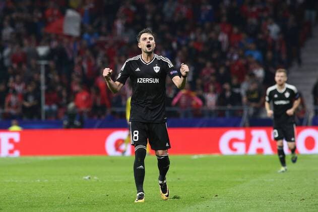 Madrid Spain 31th October 2017 Michel forward from QarabaÄü FK celebrating after scoring during UEFA Champions League group stage matchday 3 against Atletico de Madrid at Wanda Metropolitano Photo by Ivan Abanades Medina Cordon Press  xIvanxAbanadesxMedinax xAtleticoxdexMadridx-xQarabaÄüxFKx