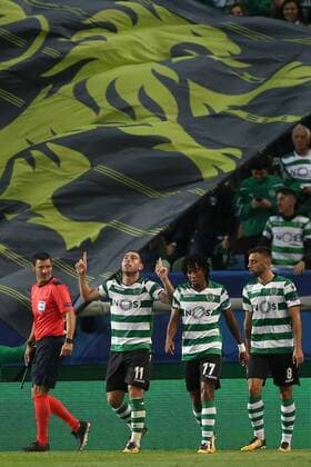 October 31, 2017 - Lisbon, Portugal - Sporting s midfielder Bruno Cesar from Brazil (11) celebrates with teammates after scoring during the UEFA Champions League football match Sporting CP vs Juventus at the Alvalade stadium in Lisbon, Portugal on October 31, 2017. Photo: Sporting CP v Juventus - UEFA Champions League  - ZUMAn230 20171031_zaa_n230_286 Copyright: xPedroxFiuzax