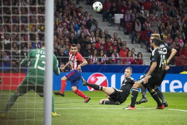 Atletico de Madrid Angel Martin Correa and Qarabag Ibrahim Sehic and Reshad Sadigov during UEFA Champions League match between FK Qarabag and Atletico de Madrid at Wanda Metropolitano in Madrid, Spain. October 31, 2017.  (20171031008)
