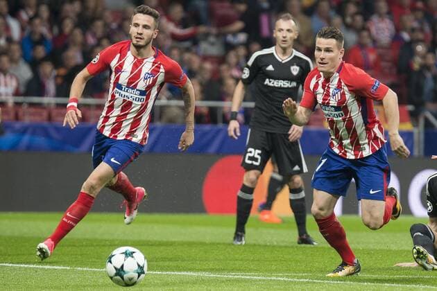 Atletico de Madrid Saul Niguez and Kevin Gameiro during UEFA Champions League match between FK Qarabag and Atletico de Madrid at Wanda Metropolitano in Madrid, Spain. October 31, 2017.  (20171031010)