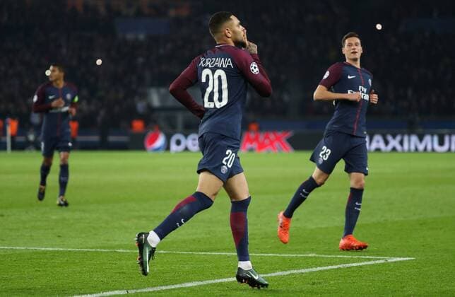 PSG s Layvin Kurzawa celebrates after scoring during a soccer game between French team Paris Saint-Germain Football Club and Belgian club RSC Anderlecht, Tuesday 31 October 2017 in Paris, France, the fourth match in the group stage (Group B) of the UEFA Champions League competition. VIRGINIExLEFOUR  x05193155x