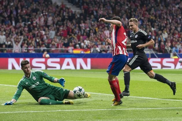Atletico de Madrid Kevin Gameiro and Qarabag Ibrahim Sehic and Jakub Rzezniczak during UEFA Champions League match between FK Qarabag and Atletico de Madrid at Wanda Metropolitano in Madrid, Spain. October 31, 2017.  (20171031016)