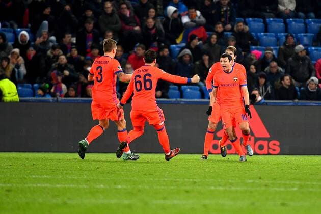 31st October 2017, St Jakob-Park, Basel, Switzerland; UEFA Champions League, FC Basel versus CSKA Moscow; Alan Dzagoev of CSKA Moscow celebrates his goal to make it 1-1 after 65 minutes with teammates Pontus Wernbloom and Bibras Natkho  ActionPlus11946709