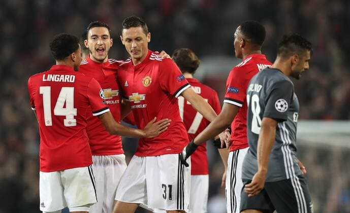 Football - 2017 2018 UEFA Champions League - Group A: Manchester United ManU vs. S.L. Benfica Nemanja Matic of Manchester United celebrates at Old Trafford COLORSPORT LYNNE CAMERON 