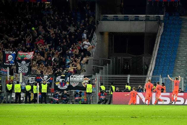 31st October 2017, St Jakob-Park, Basel, Switzerland; UEFA Champions League, FC Basel versus CSKA Moscow; Pontus Wernbloom of CSKA Moscow celebrates in front of the CSKA Moscow fans after scoring his goal in the 79th minute to make it 2-1  ActionPlus11946721