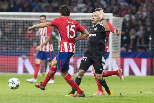 Atletico de Madrid Stefan Savic and Qarabag Richard Almeida during UEFA Champions League match between FK Qarabag and Atletico de Madrid at Wanda Metropolitano in Madrid, Spain. October 31, 2017.  (20171031042)