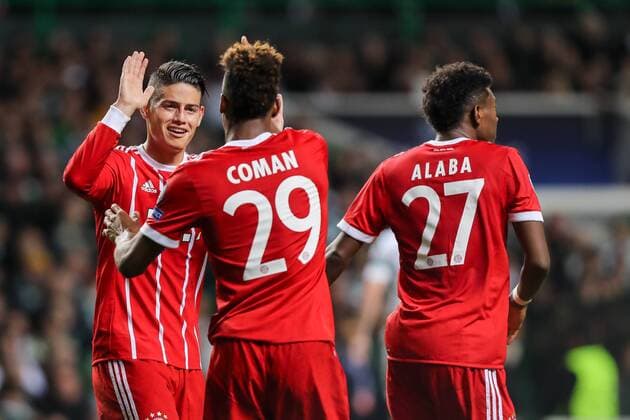 Glasgow, Scotland 31.10.2017, UEFA Champions League - 2017 18 Season, Gruppenphase - Gruppe B -4. Spieltag, Celtic Glasgow - FC Bayern Muenchen, Bejubeln das Tor zum 2:1 von Javier Martinez (FCB) Kingsley Coman (FCB) James David Rodríguez Rubio (FCB) David Alaba (FCB) ( DeFodi048