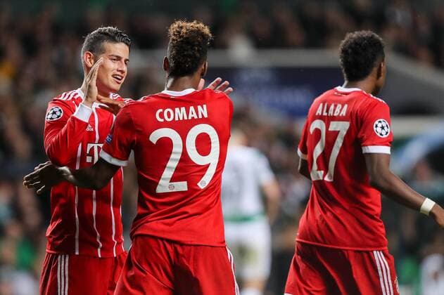 Glasgow, Scotland 31.10.2017, UEFA Champions League - 2017 18 Season, Gruppenphase - Gruppe B -4. Spieltag, Celtic Glasgow - FC Bayern Muenchen, Bejubeln das Tor zum 2:1 von Javier Martinez (FCB) Kingsley Coman (FCB) James David Rodríguez Rubio (FCB) David Alaba (FCB) ( DeFodi048