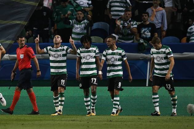 October 31, 2017 - Lisbon, Portugal - Sporting s forward Bruno Cesar (2nd L) celebrates his goal with his teammates during Champions League 2017 18 match between Sporting CP vs Juventus FC, in Lisbon, on October 31, 2017. Sporting CP v Juventus - UEFA Champions League  - ZUMAn230 20171031_zaa_n230_331 Copyright: xCarlosxPalmax