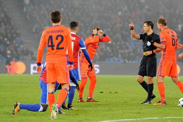 31st October 2017, St Jakob-Park, Basel, Switzerland; UEFA Champions League, FC Basel versus CSKA Moscow; Bibras Natkho of CSKA Moscow receives a yellow card  ActionPlus11946806