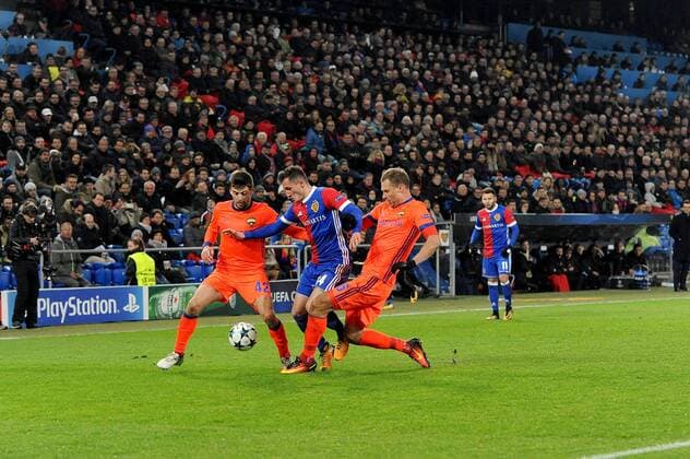 31st October 2017, St Jakob-Park, Basel, Switzerland; UEFA Champions League, FC Basel versus CSKA Moscow; Georgi Schennikov and Bibras Natkho of CSKA Moscow challenge Taulant Xhaka of FC Basel for the ball  ActionPlus11946807