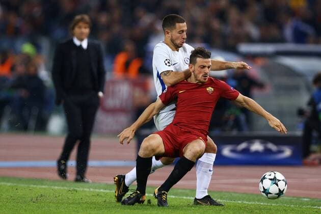 October 31, 2017 - Rome, Italy - Eden Hazard of Chelsea and Alessandro Florenzi of Roma during the UEFA Champions League football match AS Roma vs Chelsea on October 31, 2017 at the Olympic Stadium in Rome. AS Roma v Chelsea FC - UEFA Champions League  - ZUMAn230 20171031_zaa_n230_446 Copyright: xMatteoxCiambellix