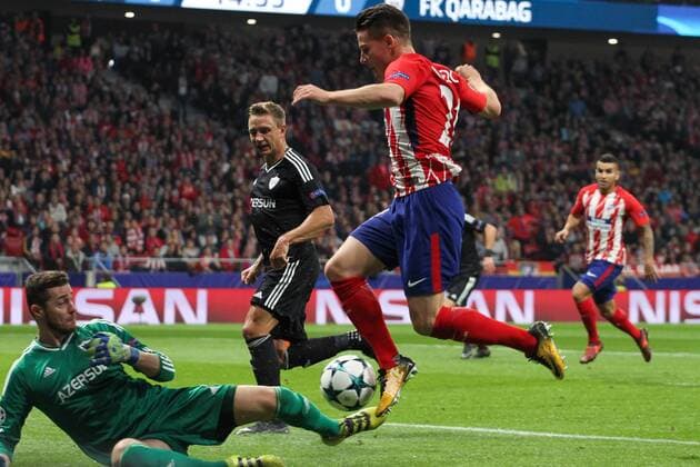 Qarabag s goalkeeper Sehic and Atletico de MadridÂ s forward Gameiro during Champions League match between Atletico Madrid and Qarabag at the Wanda Metropolitano stadium in Madrid Tuesday Oct 31th 2017  xIrinaxR.xH.x xAFP7x xAtxMadridxvxQarabag,xChampionsxLeague,xSpain,xOctx31thx2017x