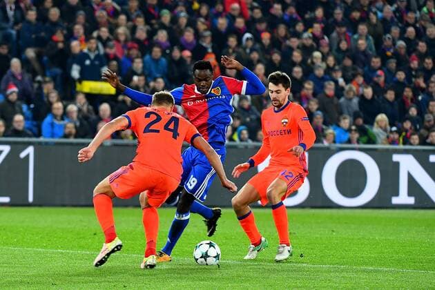31st October 2017, St Jakob-Park, Basel, Switzerland; UEFA Champions League, FC Basel versus CSKA Moscow; Vasiliy Berezutskiy and Georgi Schennikov of CSKA Moscow challenge Dimitri Oberlin of FC Basel for the ball  ActionPlus11946810