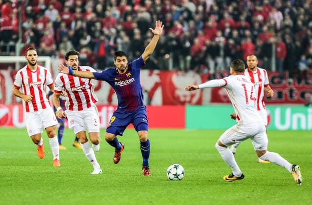(171101) -- ATHENS, Nov. 1, 2017 -- Luis Suarez (3rd L) of Barcelona competes during the UEFA Champions League group D match between Olympiacos and Barcelona in Athens, Greece, on Oct. 31, 2017. The match ended with a 0-0 tie. ) (SP)GREECE-ATHENS-FOOTBALL-UEFA CHAMPIONS LEAGUE-GROUP D LefterisxPartsalis 