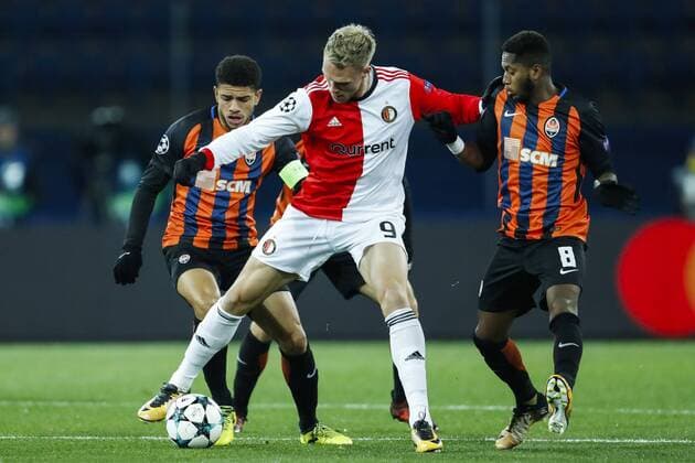 (l-r) Taison of FC Shakhtar Donetsk, Nicolai Jorgensen of Feyenoord, Fred of FC Shakhtar Donetsk during the UEFA Champions League group F match between Shakhtar Donetsk and Feyenoord Rotterdam at Metalist Stadium on November 01, 2017 in Kharkiv, Ukraine UEFA Champions League 2017 2018 xVIxVIxImagesx xMauricexvanxSteenxIVx 9182071