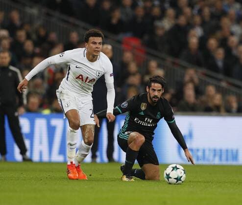 Dele Alli of Tottenham tackles Isco of Real Madrid during the Champions League Group H match at Wembley Stadium, London. Picture date: November 1st 2017. Picture credit should read: David Klein Sportimage EDITORIAL USE ONLY. No use with unauthorised audio, video, data, fixture lists, club league logos or live services. Online in-match use limited to 120 images, no video emulation. No use in betting, games or single club league player publications.