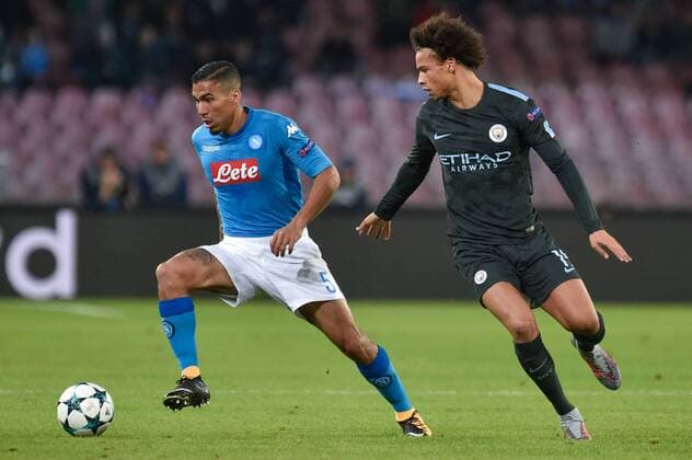 Allan of Napoli and Leroy SanŽ of Manchester City during the UEFA Champions League group F match between Napoli and Manchester City at Stadio San Paolo, Naples, Italy on 1 November 2017. Copyright: xGiuseppexMaffiax 17480012