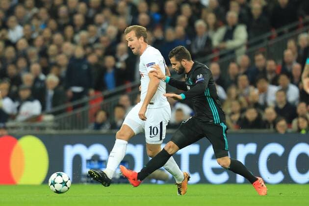 1st November 2017, Wembley Stadium, London, England; UEFA Champions League, Tottenham Hotspur versus Real Madrid; Isco of Real Madrid makes a challenge on Harry Kane of Tottenham Hotspur  ActionPlus11946906