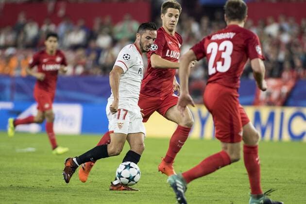 November 1, 2017 - Seville, Spain - Pablo Sarabia ls. (L ) in action during the UEFA Champions League Group E soccer match between Sevilla FC and Spartak Moskva at Estadio Ramon Sanchez Pizjuan Soccer 2017 - Sevilla FC vs Spartak Moskva - ZUMAa142 20171101_zap_a142_002 Copyright: xDanielxGonzalezxAcunax