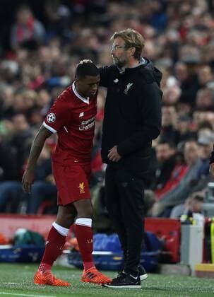 Football - 2017 2018 UEFA Champions League - Group E: Liverpool vs. NK Maribor Jurgen Klopp manager of Liverpool and Georginio Wijnaldum of Liverpool at Anfield. COLORSPORT LYNNE CAMERON 